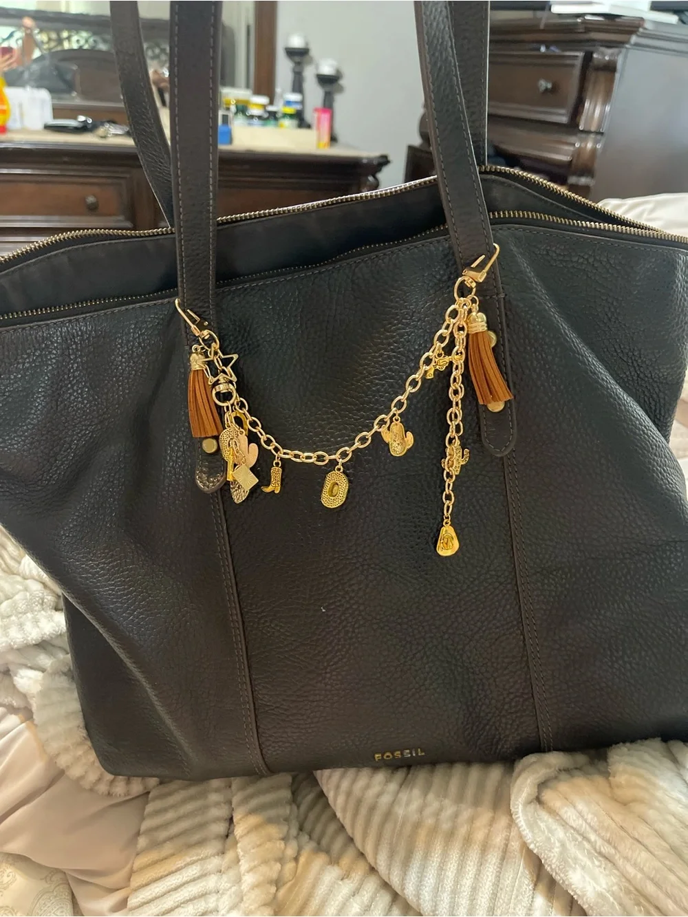 Distressed black with brown undertone leather fossil tote